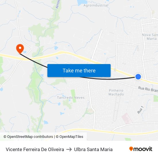 Vicente Ferreira De Oliveira to Ulbra Santa Maria map