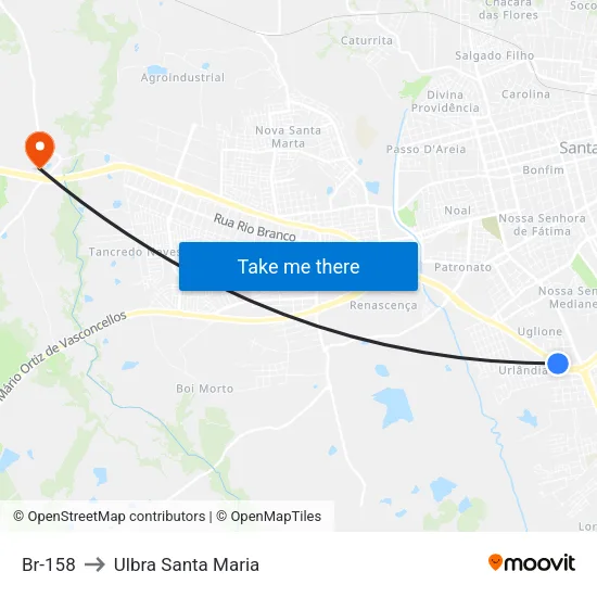 Br-158 to Ulbra Santa Maria map