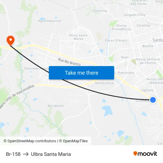 Br-158 to Ulbra Santa Maria map