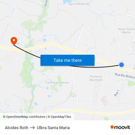 Alcídes Roth to Ulbra Santa Maria map