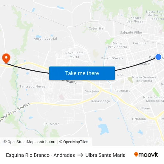 Esquina Rio Branco - Andradas to Ulbra Santa Maria map