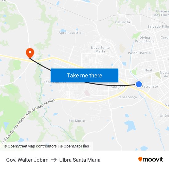 Gov. Walter Jobim to Ulbra Santa Maria map