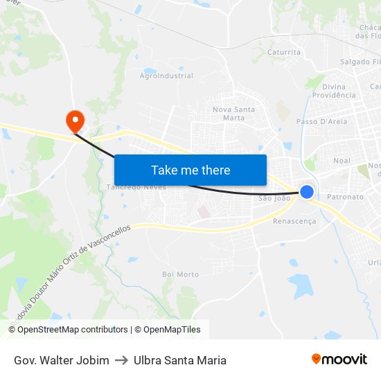 Gov. Walter Jobim to Ulbra Santa Maria map