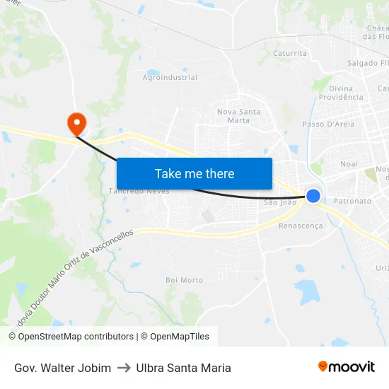 Gov. Walter Jobim to Ulbra Santa Maria map