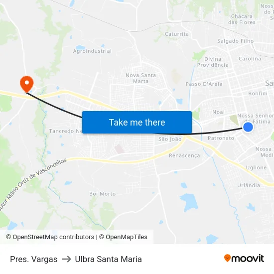 Pres. Vargas to Ulbra Santa Maria map