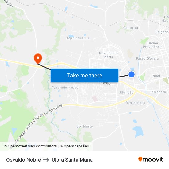 Osvaldo Nobre to Ulbra Santa Maria map
