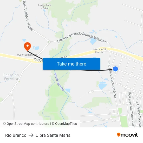 Rio Branco to Ulbra Santa Maria map