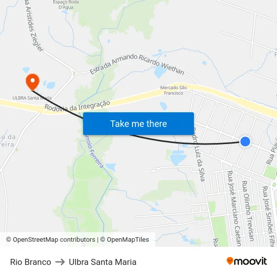 Rio Branco to Ulbra Santa Maria map