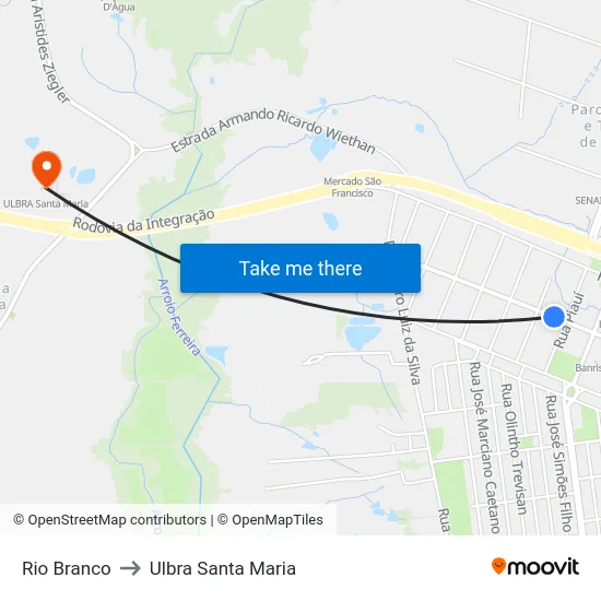 Rio Branco to Ulbra Santa Maria map