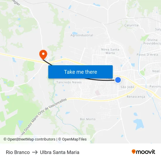 Rio Branco to Ulbra Santa Maria map