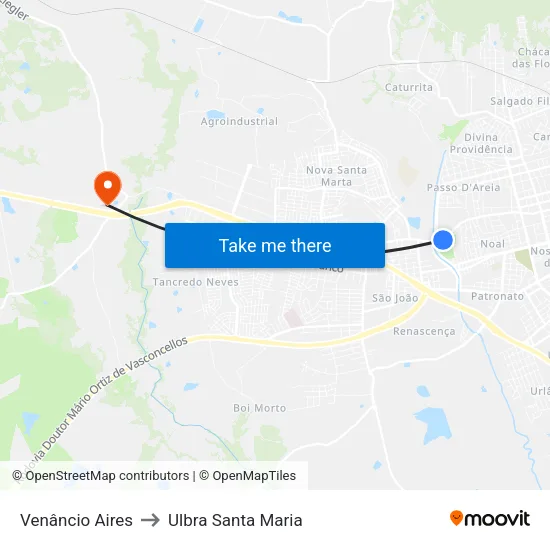 Venâncio Aires to Ulbra Santa Maria map