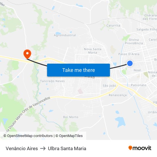 Venâncio Aires to Ulbra Santa Maria map