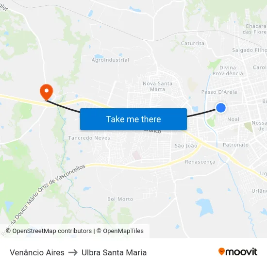 Venâncio Aires to Ulbra Santa Maria map