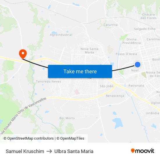 Samuel Kruschim to Ulbra Santa Maria map