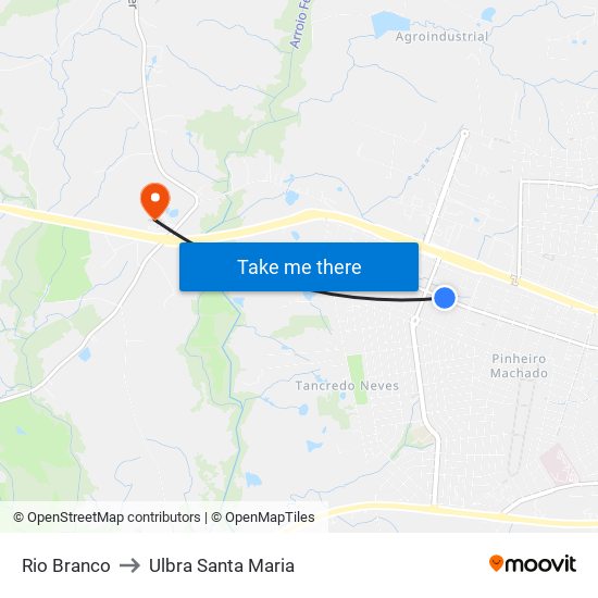 Rio Branco to Ulbra Santa Maria map