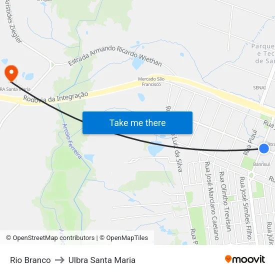 Rio Branco to Ulbra Santa Maria map
