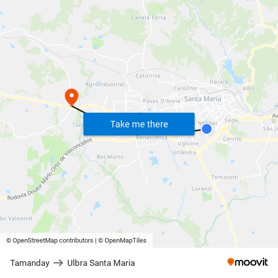 Tamanday to Ulbra Santa Maria map