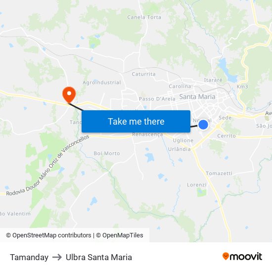 Tamanday to Ulbra Santa Maria map