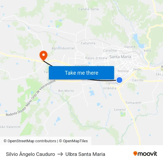 Sílvio Ângelo Cauduro to Ulbra Santa Maria map