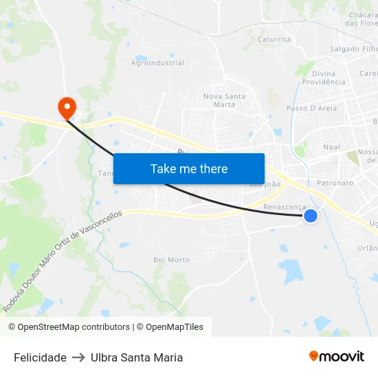 Felicidade to Ulbra Santa Maria map