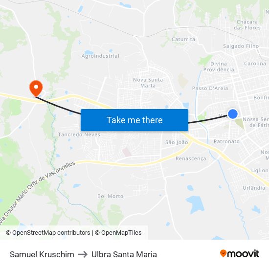 Samuel Kruschim to Ulbra Santa Maria map