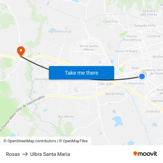 Rosas to Ulbra Santa Maria map