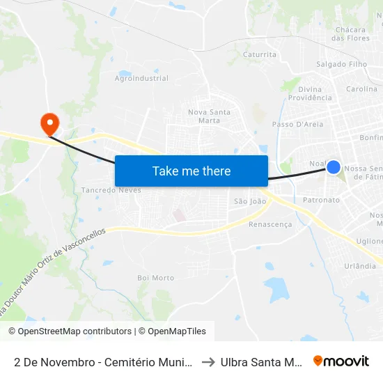2 De Novembro - Cemitério Municipal to Ulbra Santa Maria map