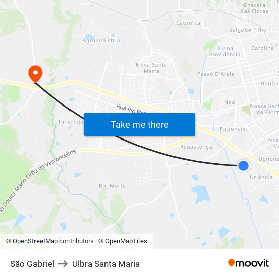 São Gabriel to Ulbra Santa Maria map