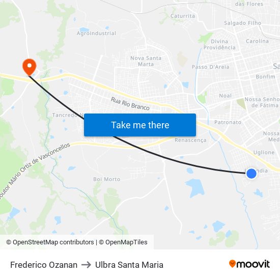 Frederico Ozanan to Ulbra Santa Maria map