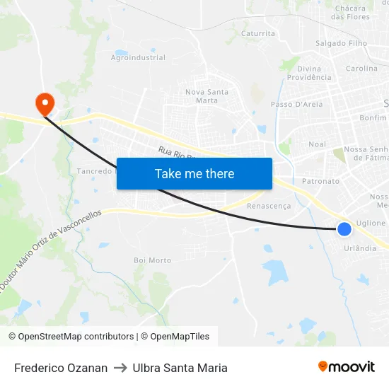 Frederico Ozanan to Ulbra Santa Maria map