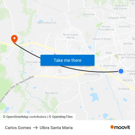 Carlos Gomes to Ulbra Santa Maria map