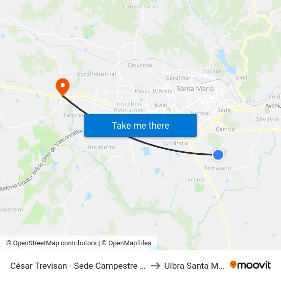 César Trevisan - Sede Campestre Dores to Ulbra Santa Maria map