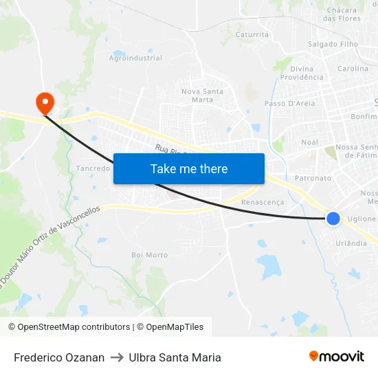 Frederico Ozanan to Ulbra Santa Maria map