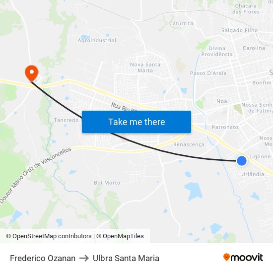 Frederico Ozanan to Ulbra Santa Maria map