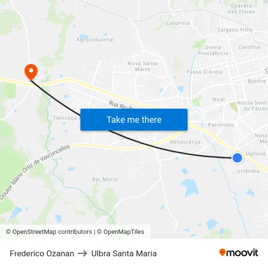 Frederico Ozanan to Ulbra Santa Maria map