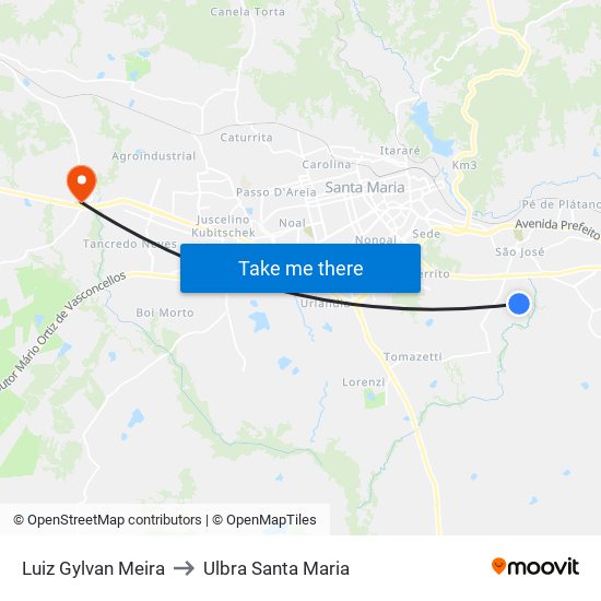 Luiz Gylvan Meira to Ulbra Santa Maria map