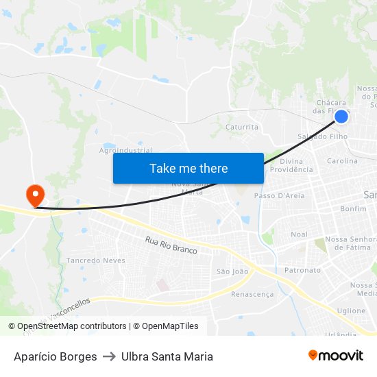 Aparício Borges to Ulbra Santa Maria map