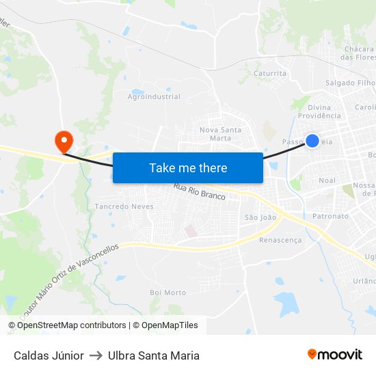 Caldas Júnior to Ulbra Santa Maria map
