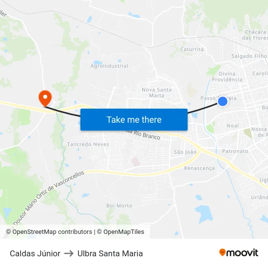 Caldas Júnior to Ulbra Santa Maria map