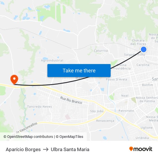 Aparício Borges to Ulbra Santa Maria map