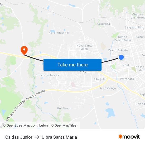Caldas Júnior to Ulbra Santa Maria map