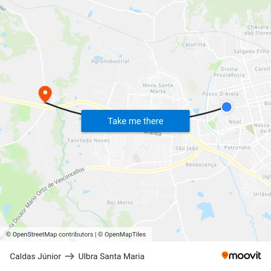 Caldas Júnior to Ulbra Santa Maria map