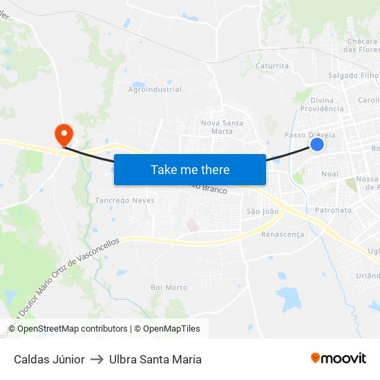 Caldas Júnior to Ulbra Santa Maria map