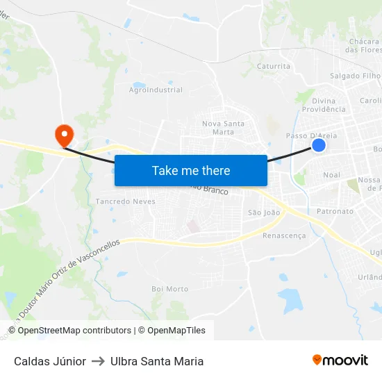 Caldas Júnior to Ulbra Santa Maria map