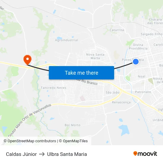 Caldas Júnior to Ulbra Santa Maria map
