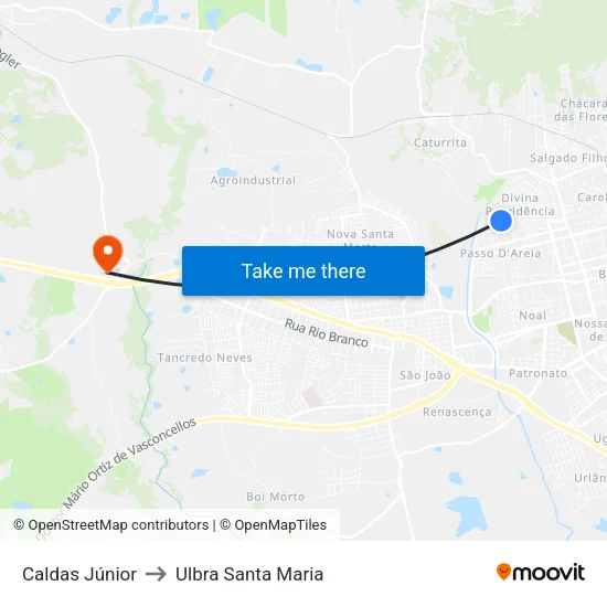 Caldas Júnior to Ulbra Santa Maria map