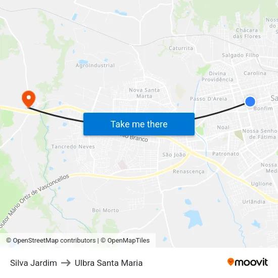 Silva Jardim to Ulbra Santa Maria map