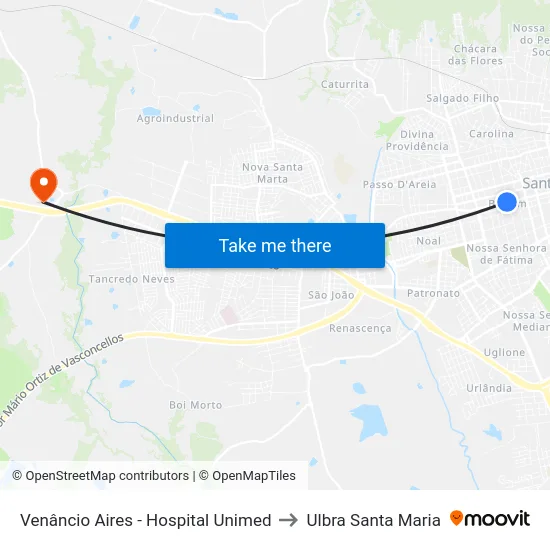 Venâncio Aires - Hospital Unimed to Ulbra Santa Maria map