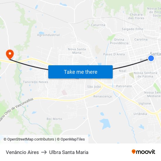 Venâncio Aires to Ulbra Santa Maria map