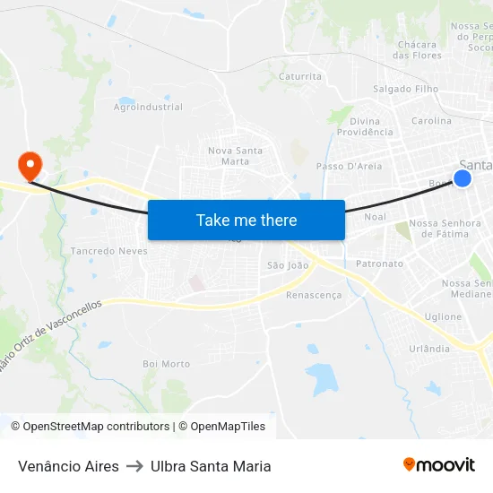Venâncio Aires to Ulbra Santa Maria map